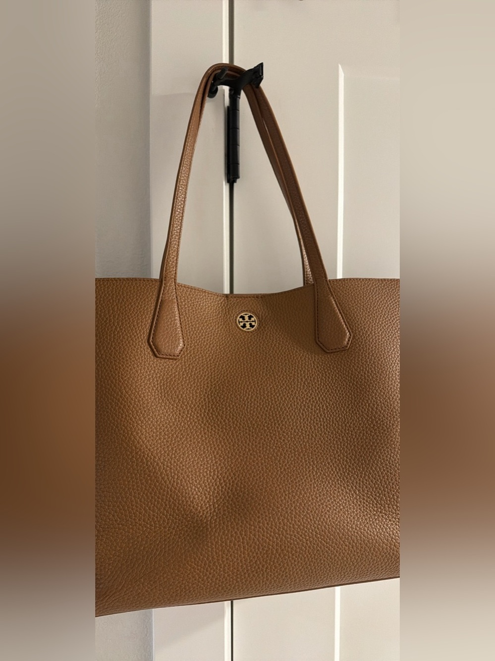 Tory Burch Cognac Pebbled Leather Tote with Gold Logo